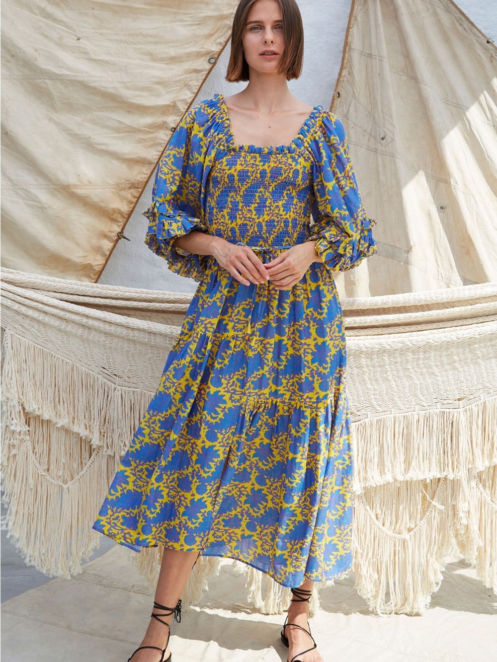 Apiece Apart Blue and Yellow Floral-Print Smocked Midi Dress
